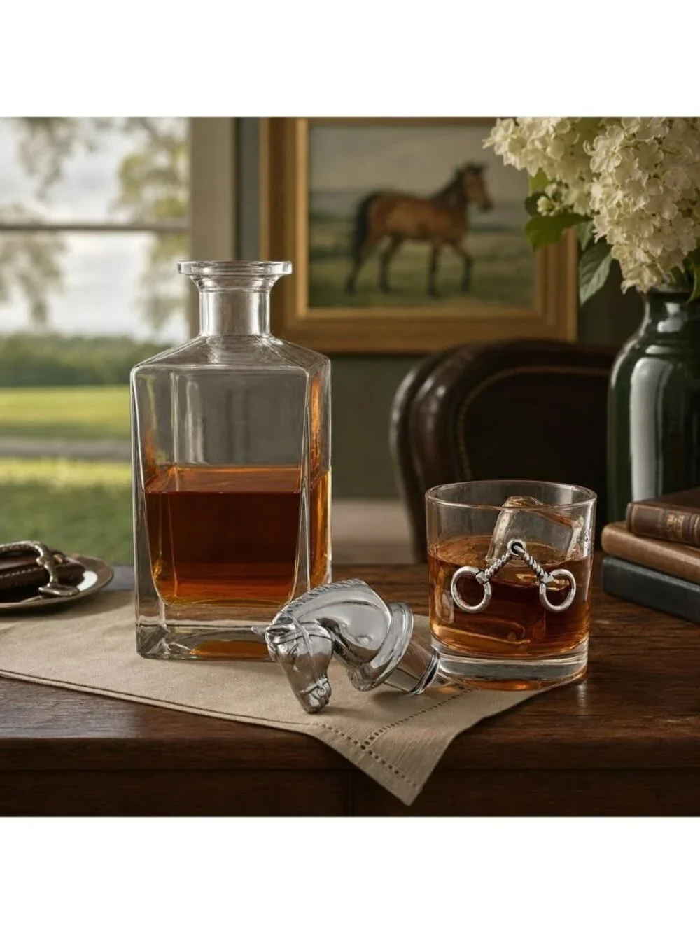 Arthur Court Equestrian Decanter Set Horse Head 2 Whiskey Glasses NIB